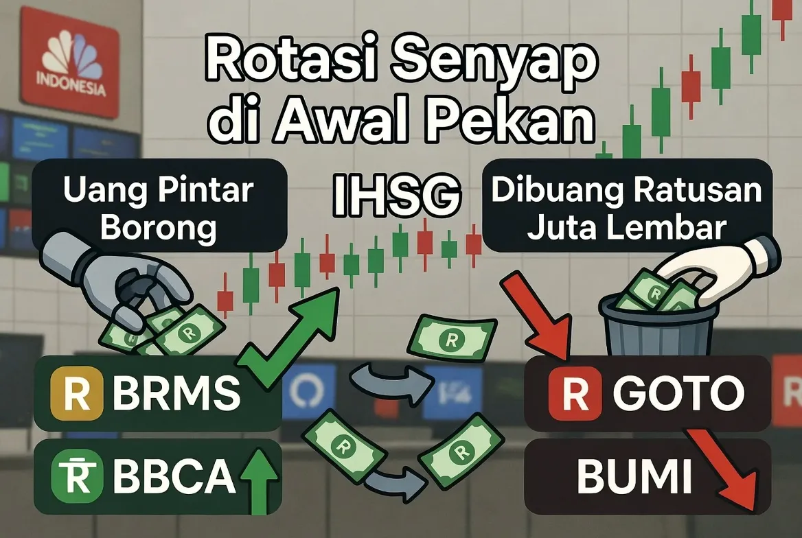 Rotasi Senyap di Awal Pekan: Uang Pintar Borong BRMS dan BBCA, GOTO dan BUMI Dibuang Ratusan Juta Lembar